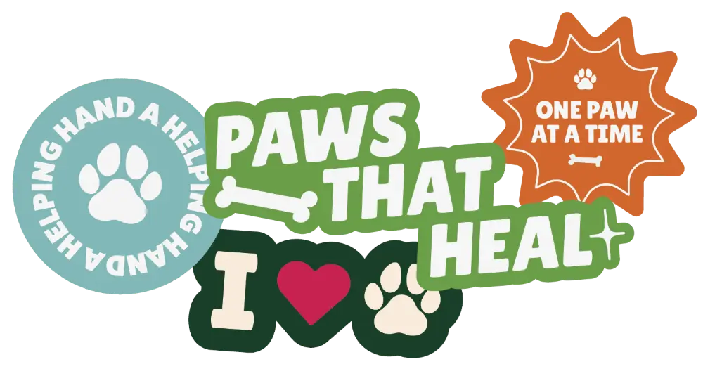 Digital stickers in different colours that say 'Paws that heal', 'One paw at a time', 'I love dogs' and 'A helping hand'