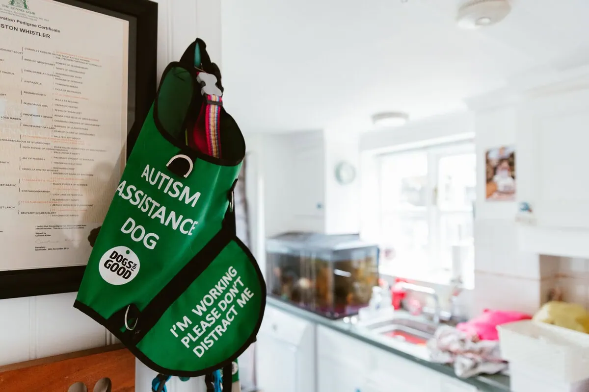 Autism Assistance Green Dog Jacket Hanging Up Sideview