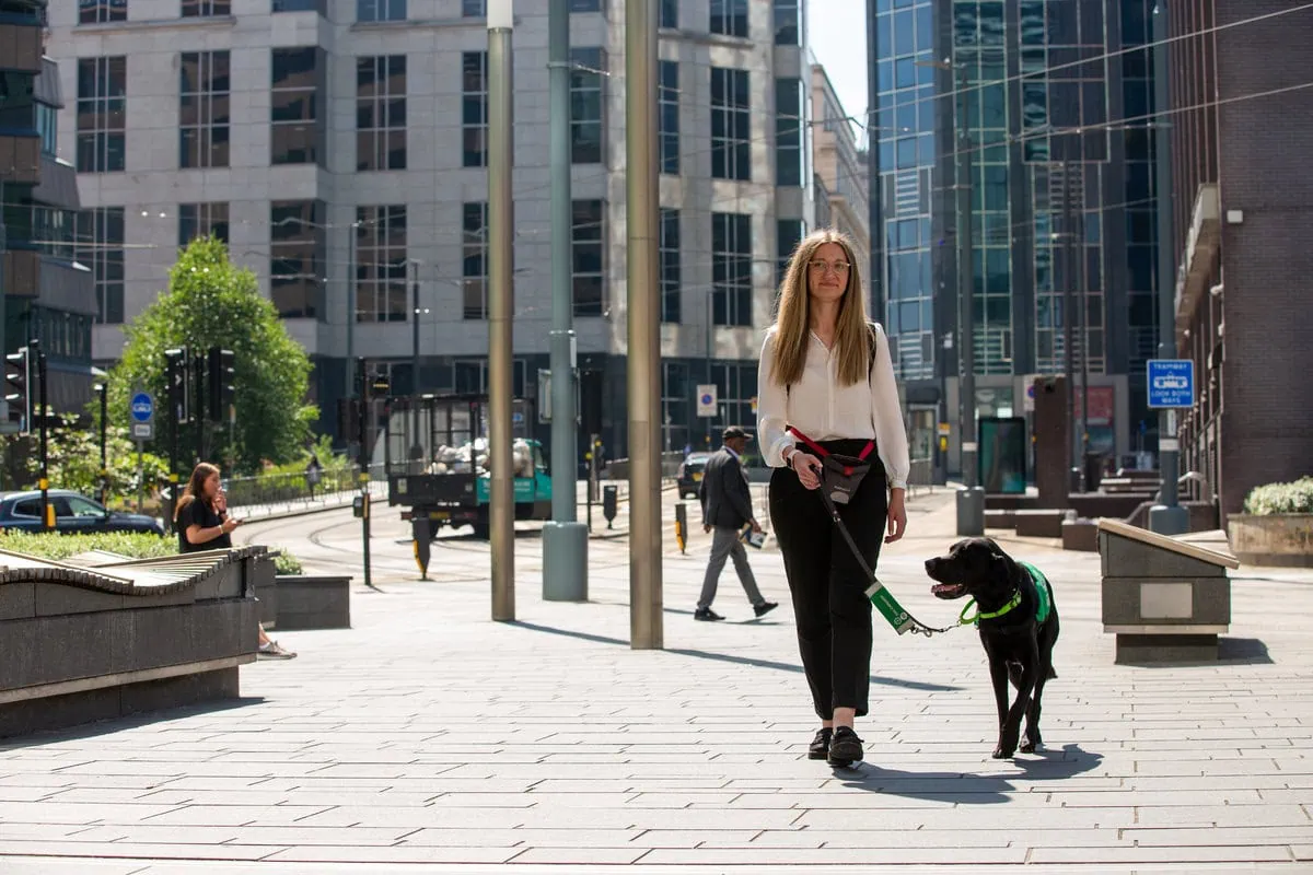 Physical Disability Assistance Black Labrador Walking Adult Outside Entrance Train Station City Frontfacing